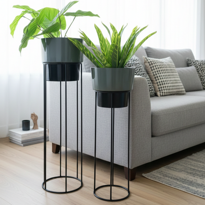 Cylindrical Planters on Tall Metal Stands – Set of 2 Stylish Indoor Planters