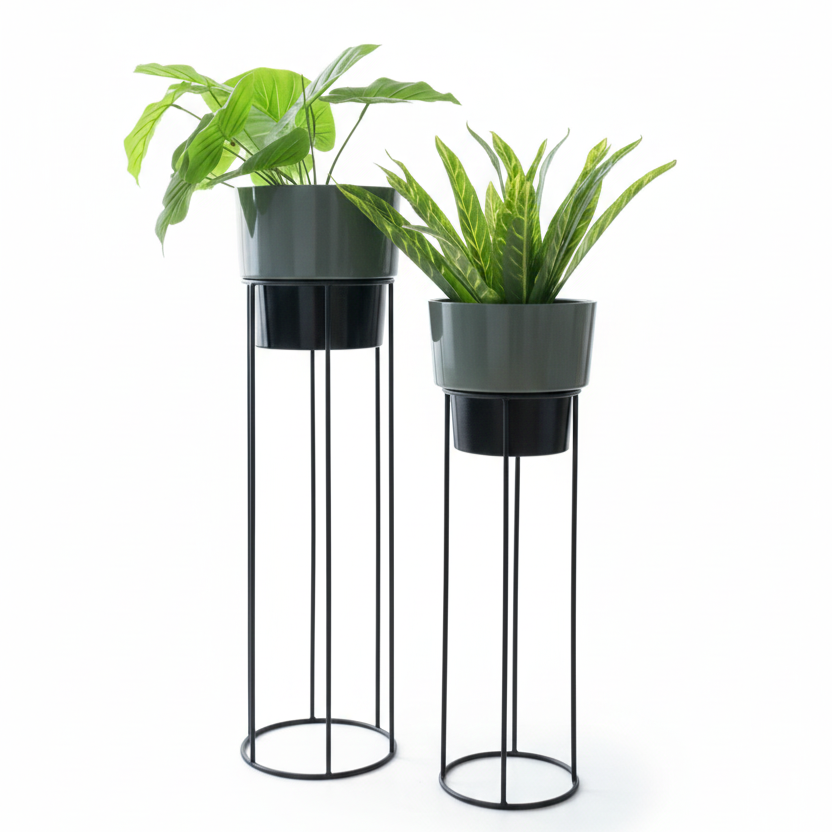 Cylindrical Planters on Tall Metal Stands – Set of 2 Stylish Indoor Planters