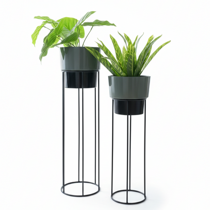 Cylindrical Planters on Tall Metal Stands – Set of 2 Stylish Indoor Planters