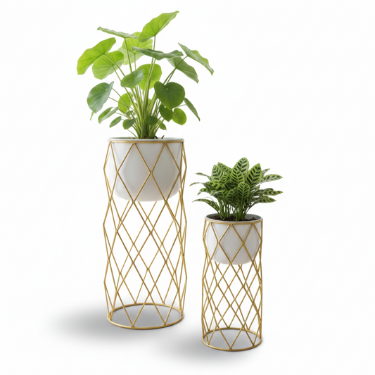 Diamond Grid Stand Planters – set of 2 Modern Metal Planter Set