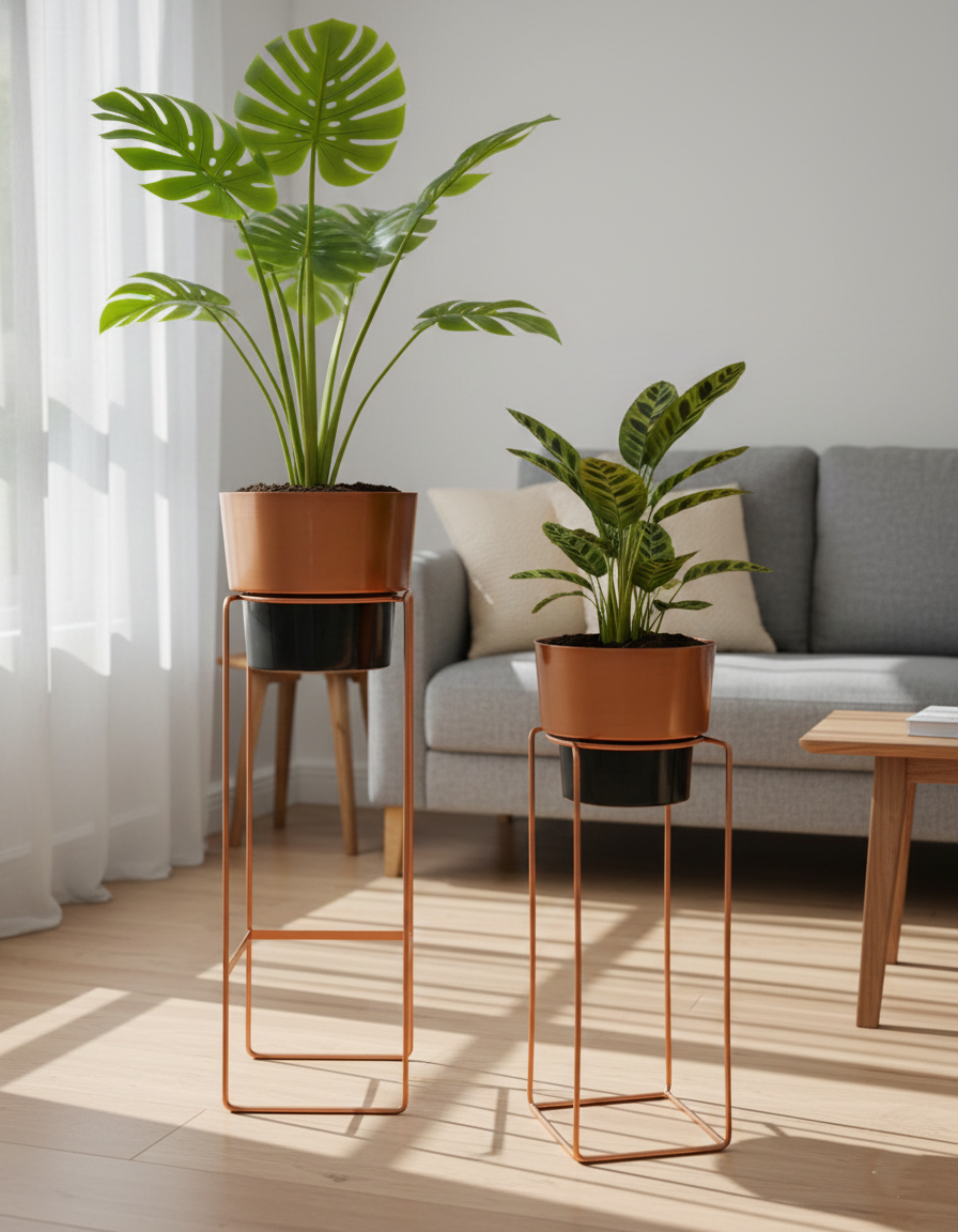 Two potted plants on metal stands in a living room with a gray sofa and wooden coffee table.