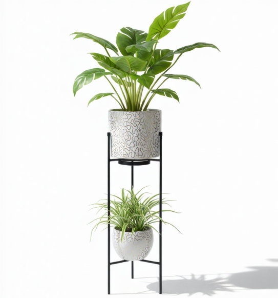 Two potted plants on a black metal plant stand against a white background