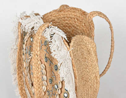 BANJARA Handcrafted Round Jute Handbag – Boho Chic Beach Bag with Shells & Mirrors