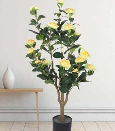 Artificial Flowers Plant – Faux Camellia Yellow Rose for Elegant Home And Office Decor – 37″