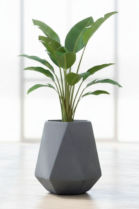 Geometric gray vase with a plant on a light wooden surface