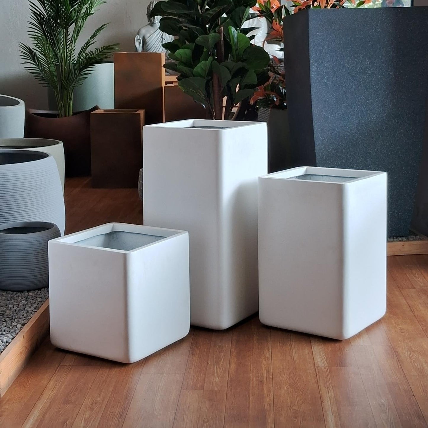 White rectangular planters on a wooden floor with various plants around.
