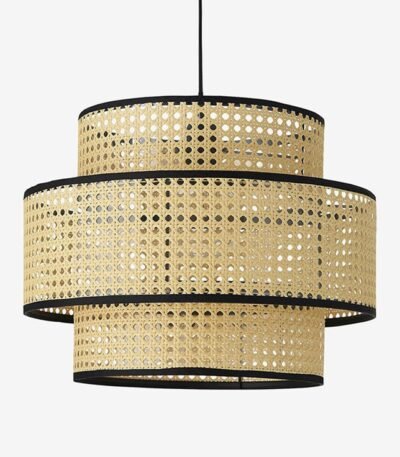 Caned Rattan Pendant Light – Three-Tier Modern Geometric Lighting- 14″ x 16″