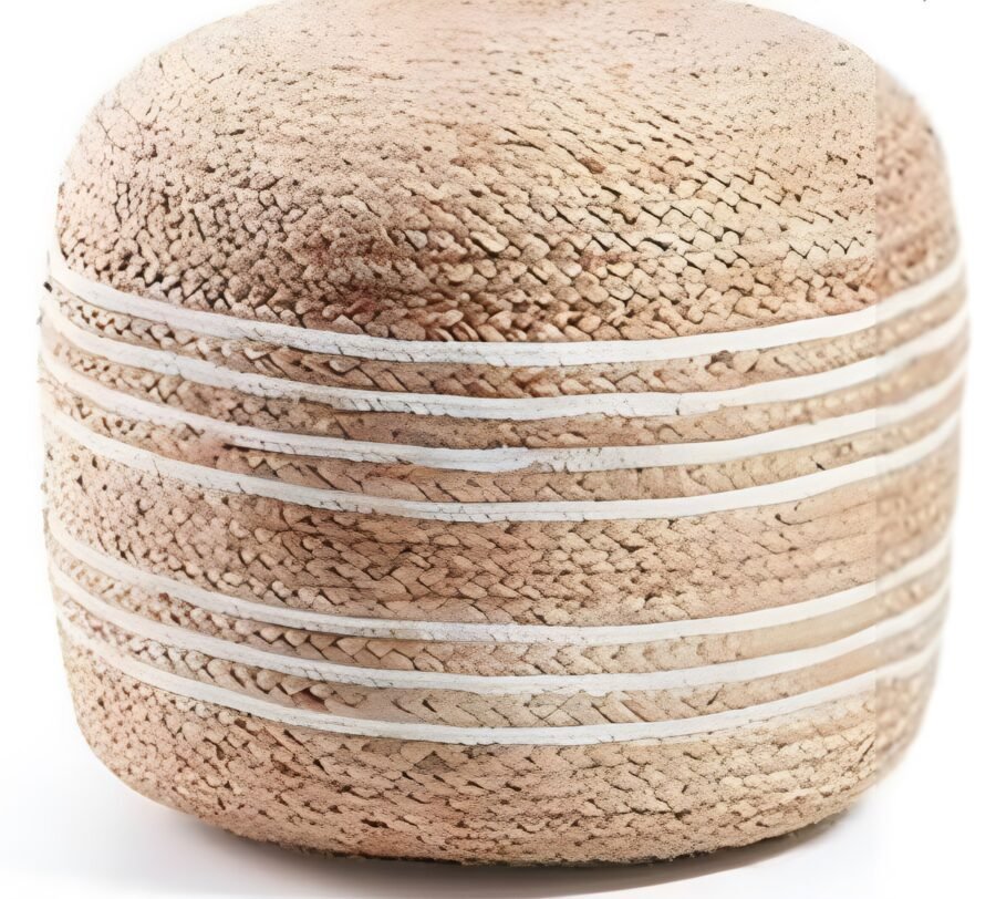 Striped Jute Cotton Pouffe – Natural Ottoman with White Accents