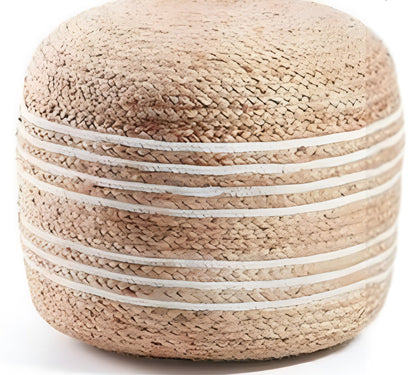 Striped Jute Cotton Pouffe – Natural Ottoman with White Accents