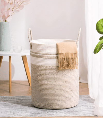 Beige & White Cotton Storage Basket with Handles – Tall Rope Organizer