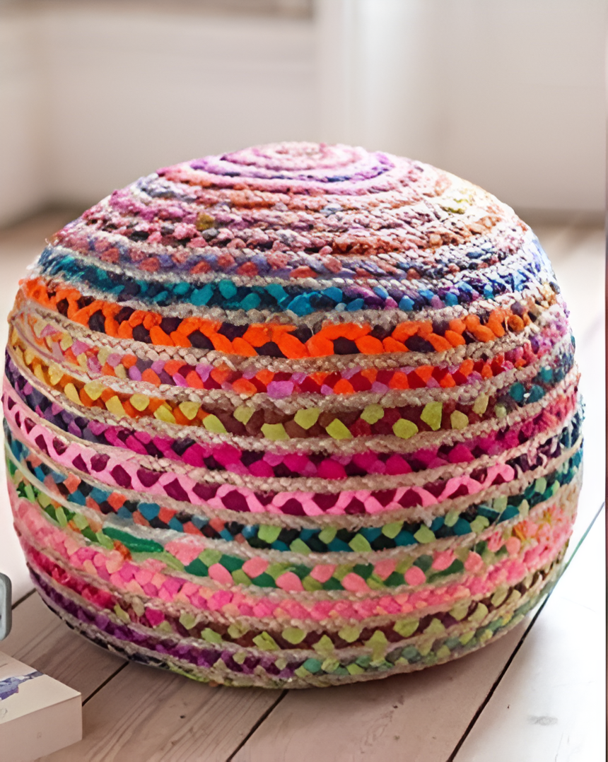 Rainbow Jute-Cotton Ottoman / Pouffe