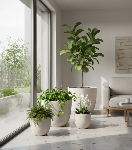 Modern living room with potted plants near a large window