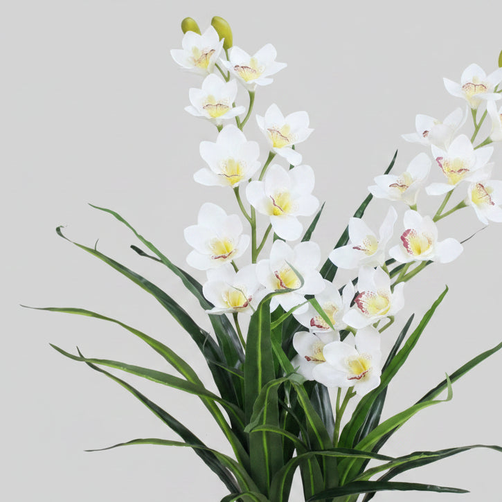 Artificial white orchids with green stems on a light gray background