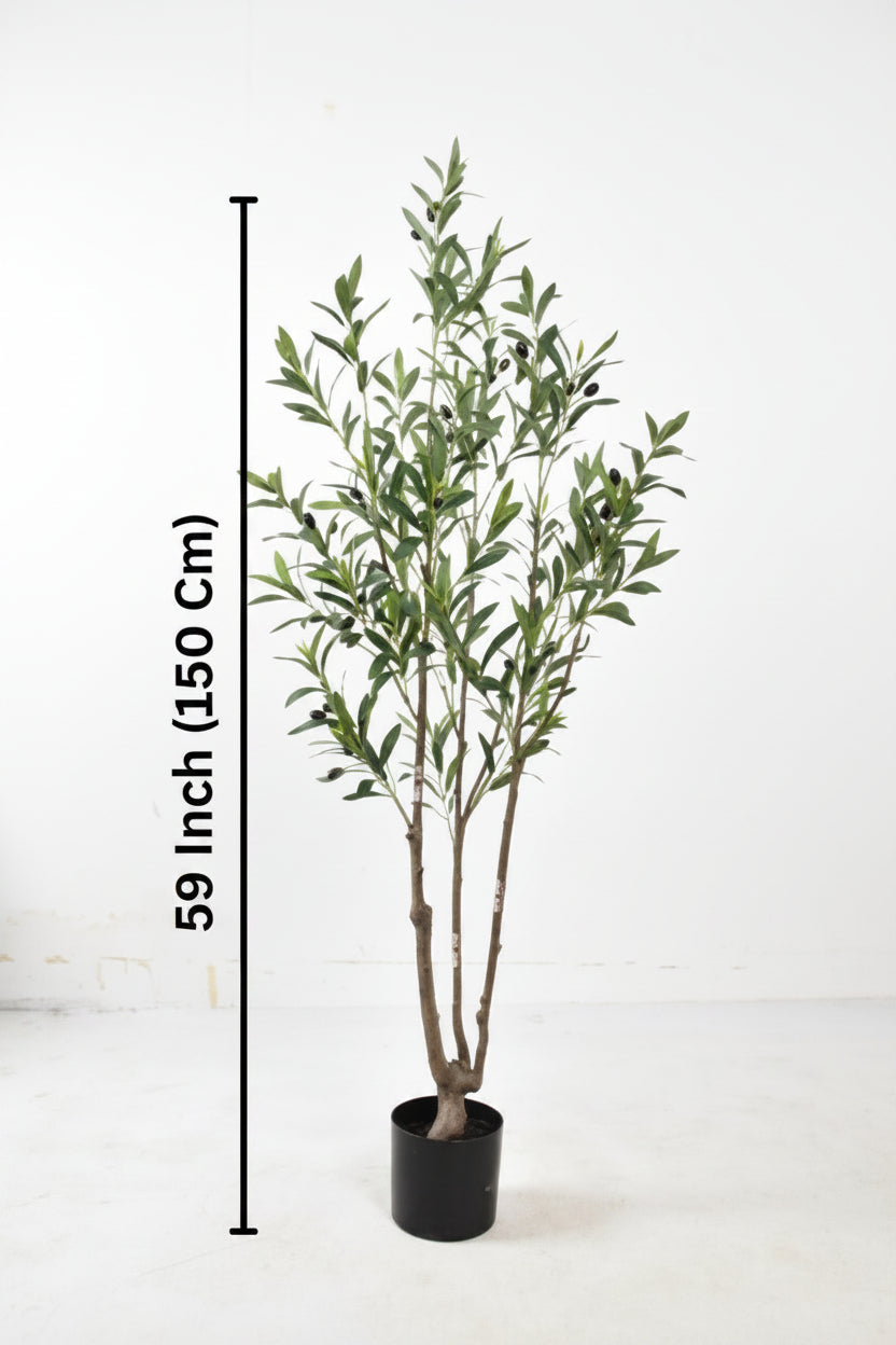 Artificial plant with a height measurement of 59 inches on a white background