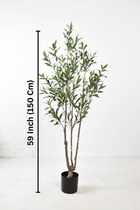 Artificial plant with a height measurement of 59 inches on a white background