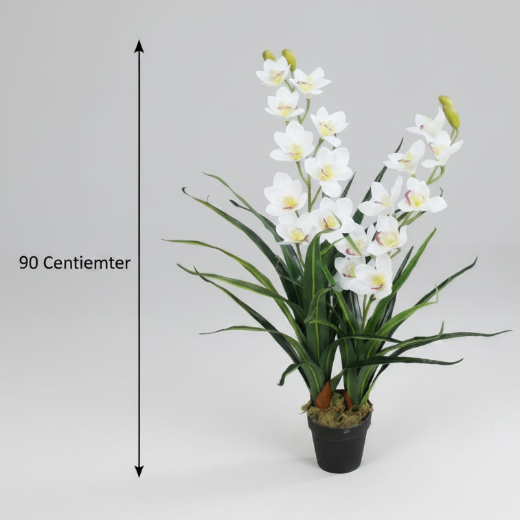 Artificial white orchid plant with green leaves, shown with a measurement of 90 centimeters on a white background.