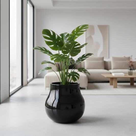 Black vase with a green plant in a modern living room