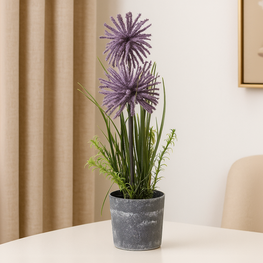 Artificial Allium Starburst Flower in Rustic Pot