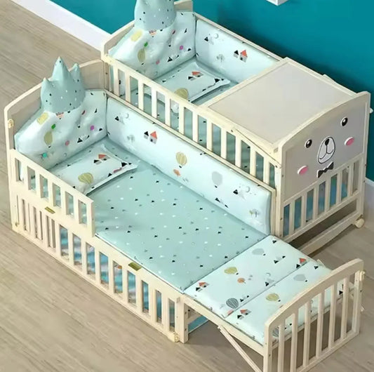 12-in-1 Convertible Wooden Baby Cot Crib with Mattress & Diaper Tray