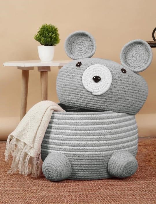 Bear-Themed Cotton Rope Storage Basket with Lid
