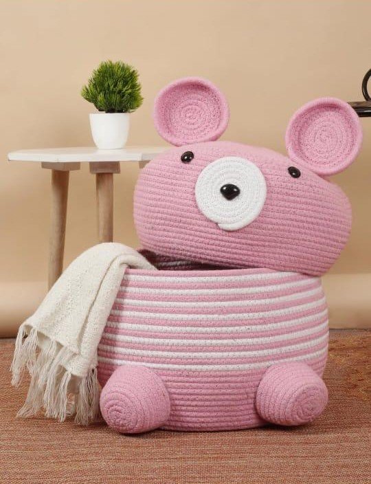 Bear-Themed Cotton Rope Storage Basket with Lid