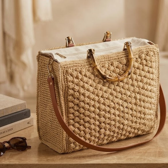 Beige Raffia Woven Satchel Bag for Women