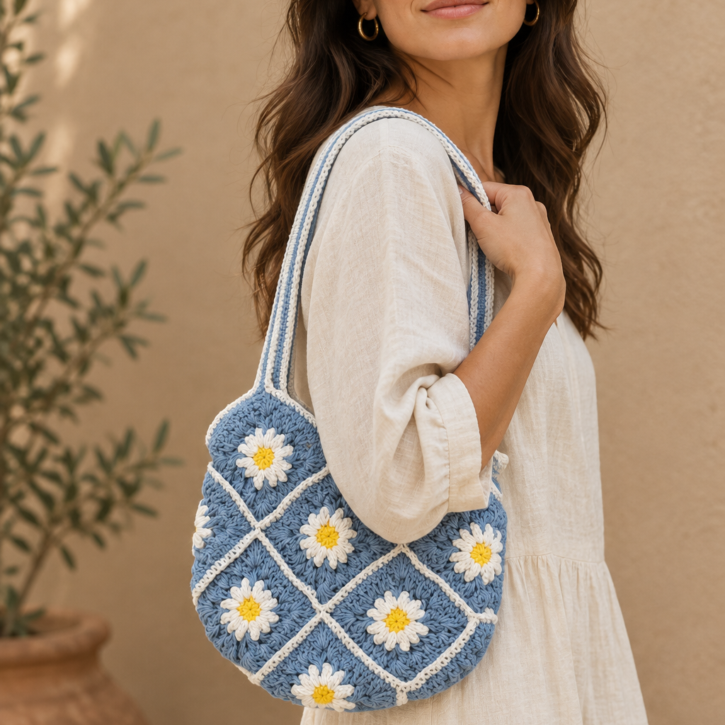 Cotton Flower Crochet Handbag for Women Blue