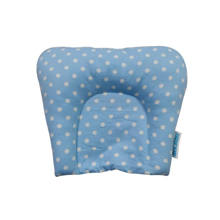 A light blue baby support pillow with white polka dots, shown against a plain white background.