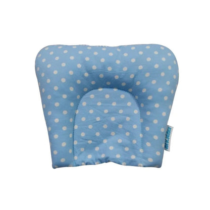 A light blue baby support pillow with white polka dots, shown against a plain white background.