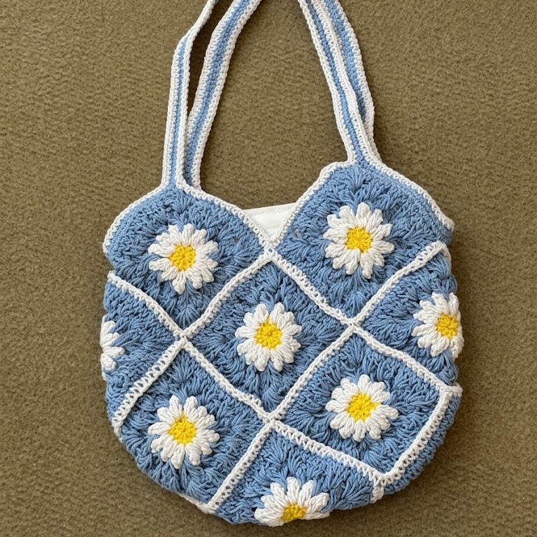 Cotton Flower Crochet Handbag for Women Blue