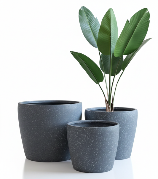 Set of three gray planters with a potted plant on a white background