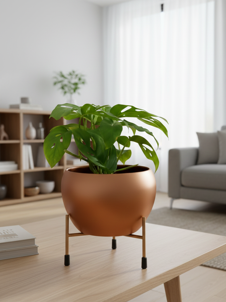 Potted plant on a stand in a living room setting