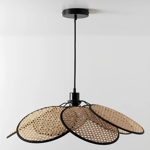 Ceiling light fixture with woven design on a white background
