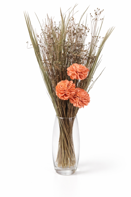 Coral Sola Wood Rose Bouquet with Dried Reed Grass & Seed Stems