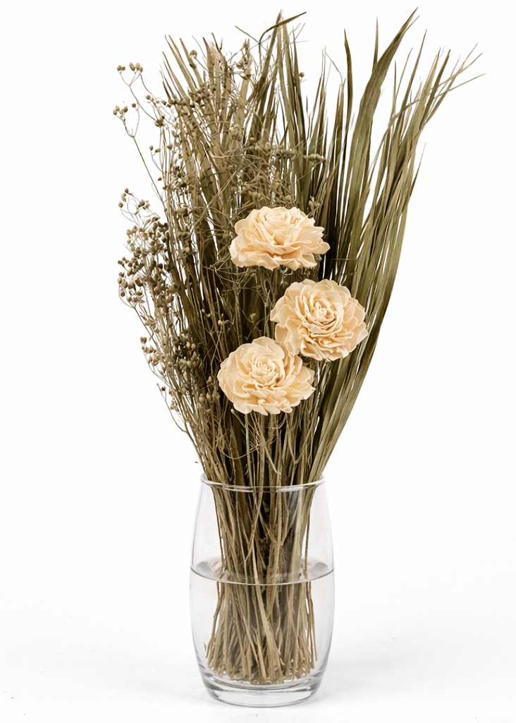 Pastel Yellow Sola Wood Rose Bouquet with Dried Grass & Baby's Breath
