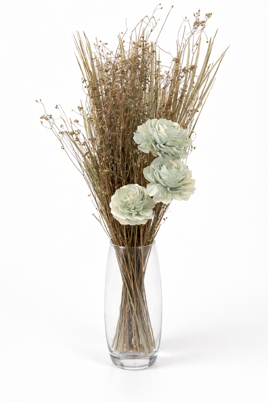 Light Green Sola Wood Rose Bouquet with Dried Twig & Seed Stems