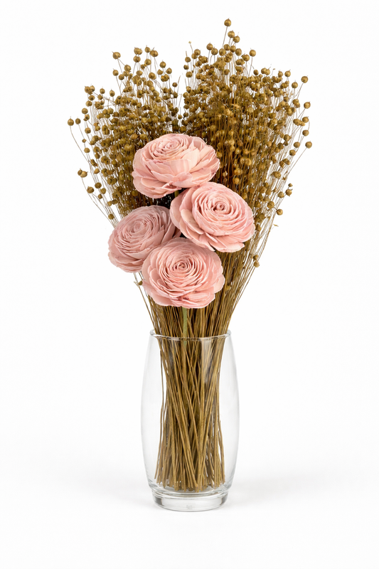 Pink Sola Wood Rose Bouquet with Dried Golden Seed Pod Stems