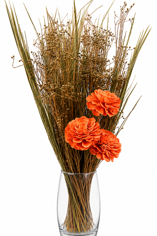Coral Sola Wood Rose Bouquet with Dried Reed Grass