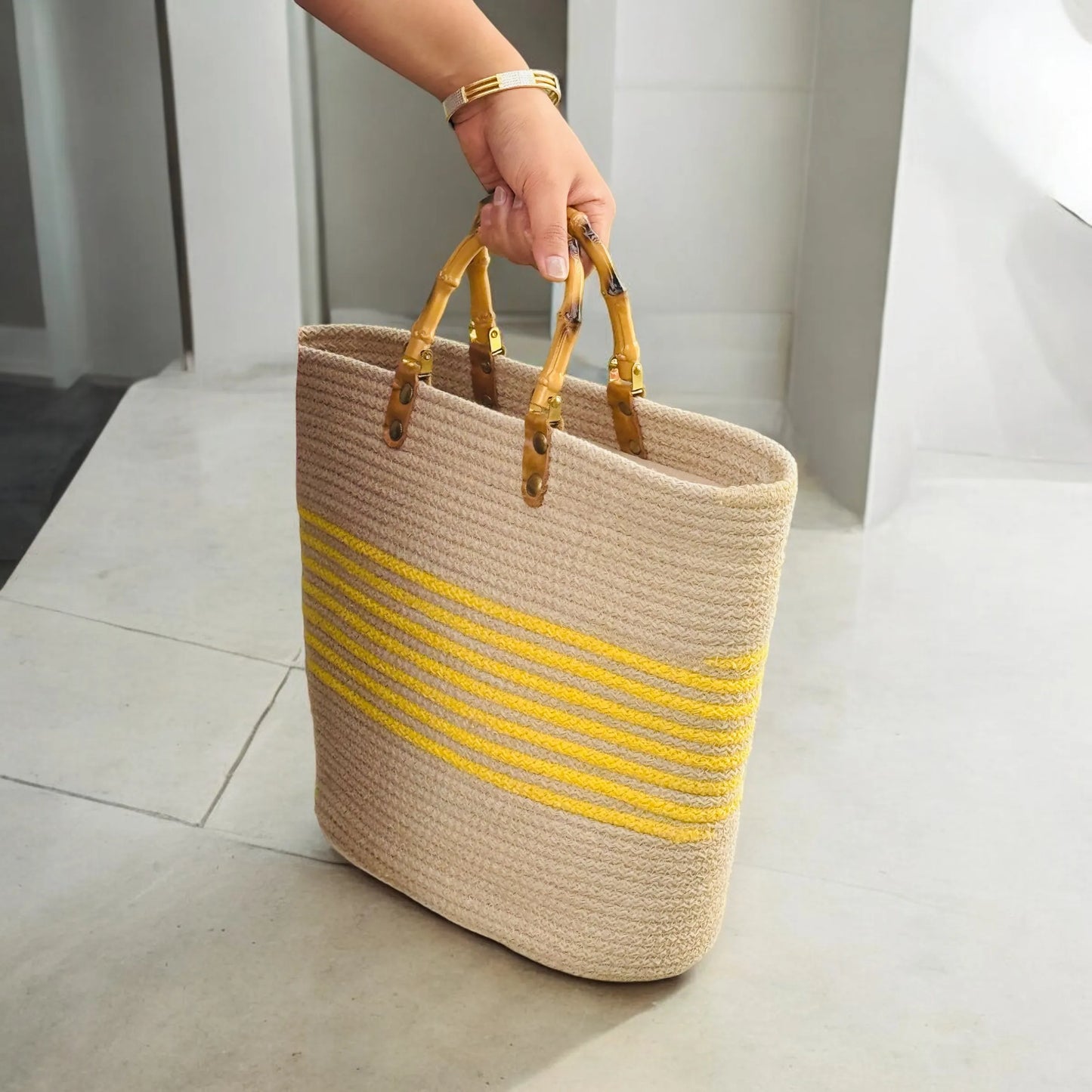 Handcrafted Multicolor Cotton Crochet Tote with Bamboo Handles