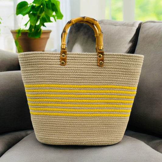 Handcrafted Multicolor Cotton Crochet Tote with Bamboo Handles