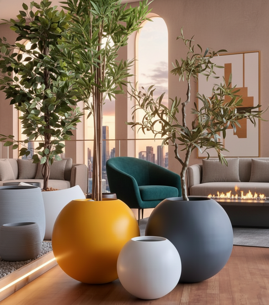 Modern living room with decorative plants and colorful vases.