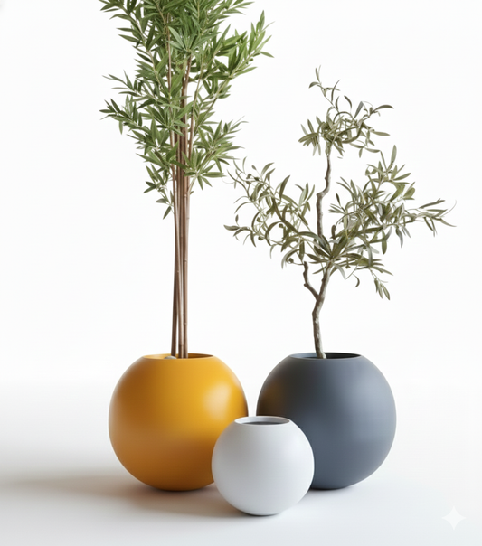 Three spherical planters with plants on a white background