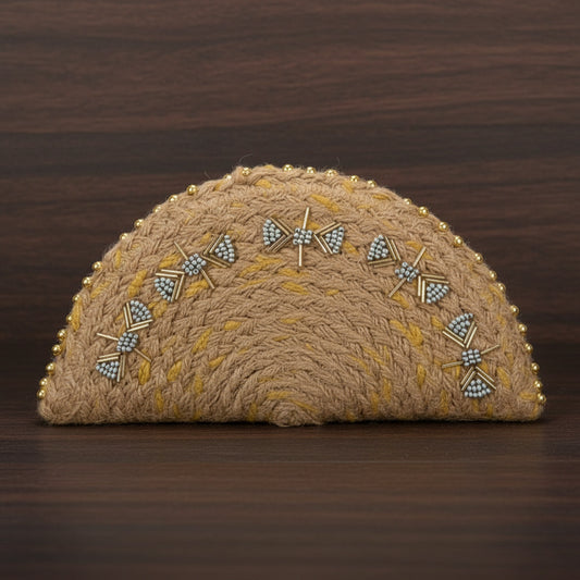 Handcrafted Half-Moon Jute Pouch Gold beaded