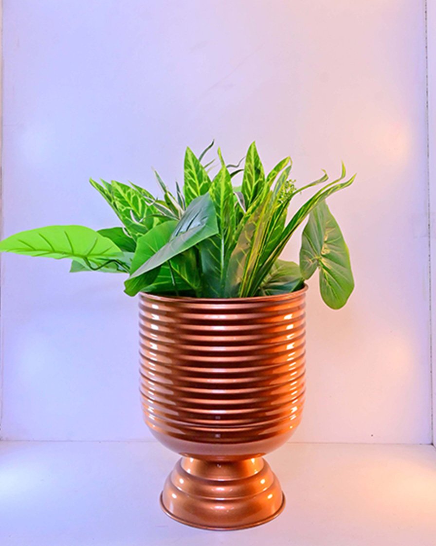 Unique Pedestal Stripe Planter – 13 Inch Tall – Modern Decorative Planter
