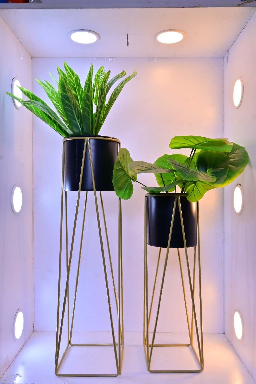 Metal Plant Stands with Cylindrical Pots – Set of 2 Modern Planters