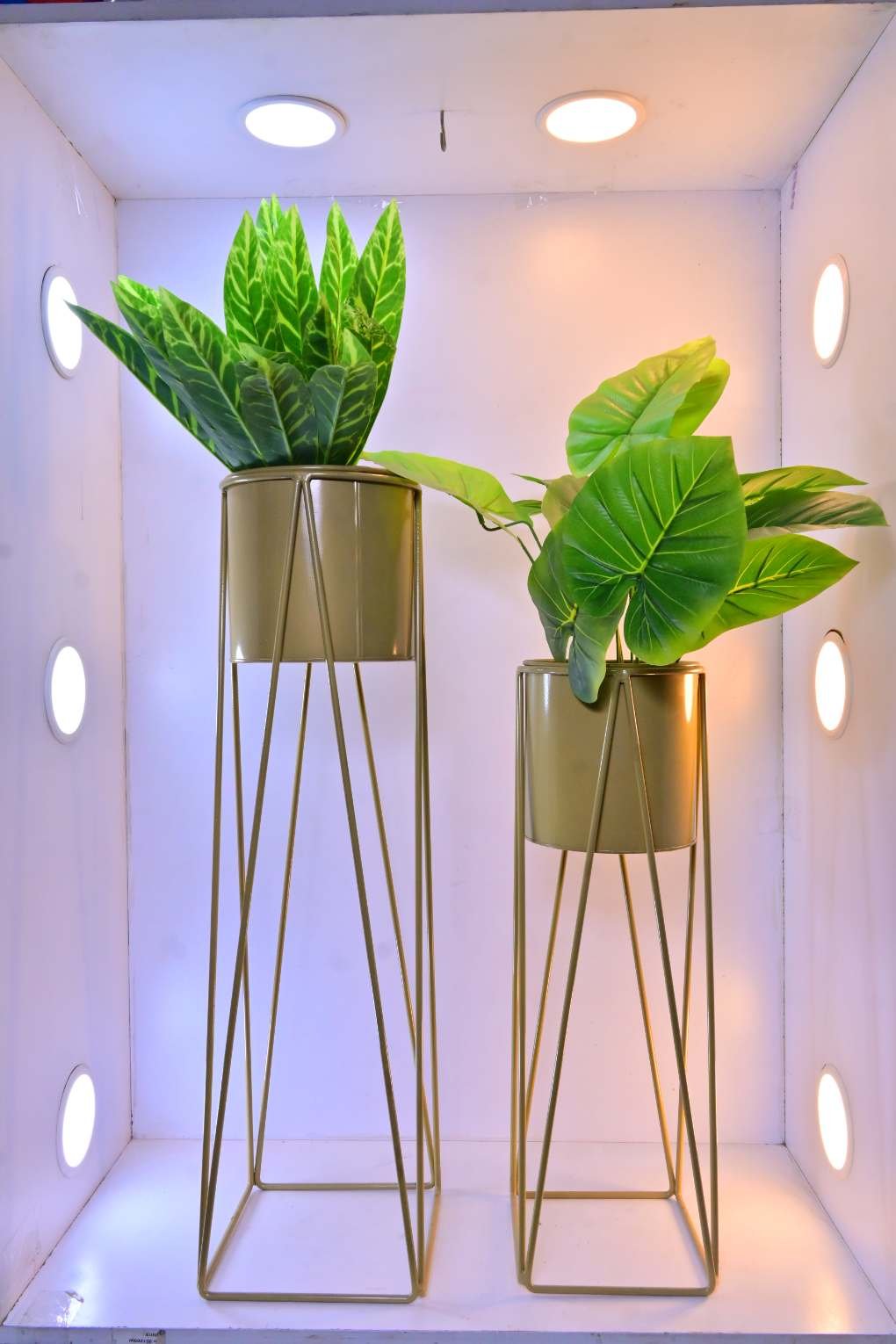 Metal Plant Stands with Cylindrical Pots – Set of 2 Modern Planters