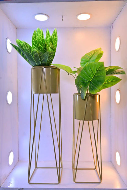 Metal Plant Stands with Cylindrical Pots – Set of 2 Modern Planters