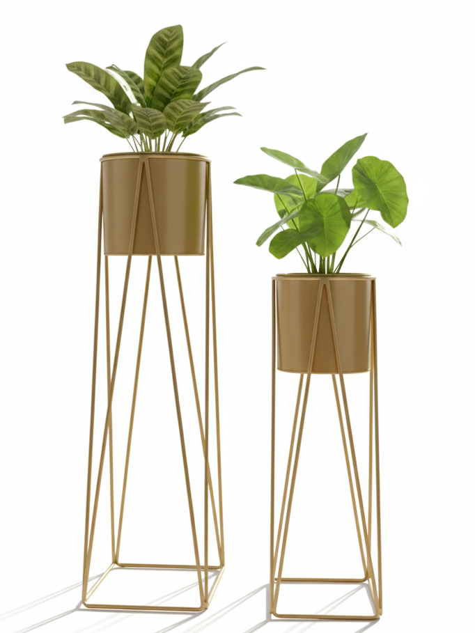 Metal Plant Stands with Cylindrical Pots – Set of 2 Modern Planters