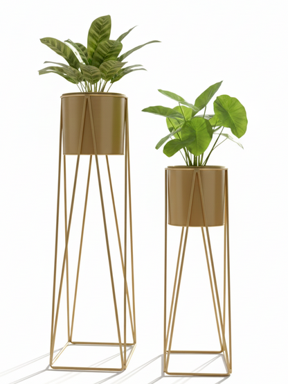Metal Plant Stands with Cylindrical Pots – Set of 2 Modern Planters