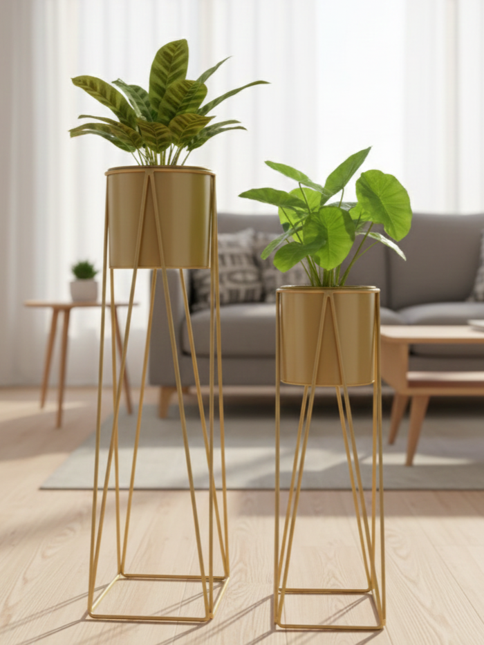 Metal Plant Stands with Cylindrical Pots – Set of 2 Modern Planters